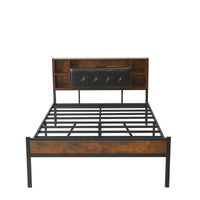 Rustic Brown Metal Platform Bed Frame with Storage Headboard USB Charging Station Heavy Duty Noise-Free Easy Assembly