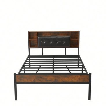 Rustic Brown Metal Platform Bed Frame with Storage Headboard USB Charging Station Heavy Duty Noise-Free Easy Assembly