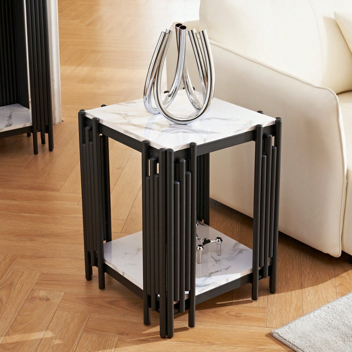 Modern 2-Tier Black Side Table with Open Storage Shelves for Living Room Bedroom Office Easy Assembly