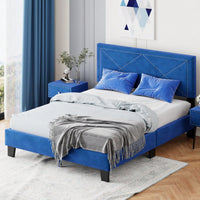 Queen Size Platform Bed Frame With Upholstered Velvet Headboard And Wooden Slat Support, No Box Spring Needed, Easy Assembly