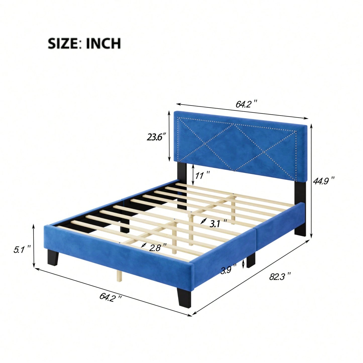Queen Size Platform Bed Frame With Upholstered Velvet Headboard And Wooden Slat Support, No Box Spring Needed, Easy Assembly