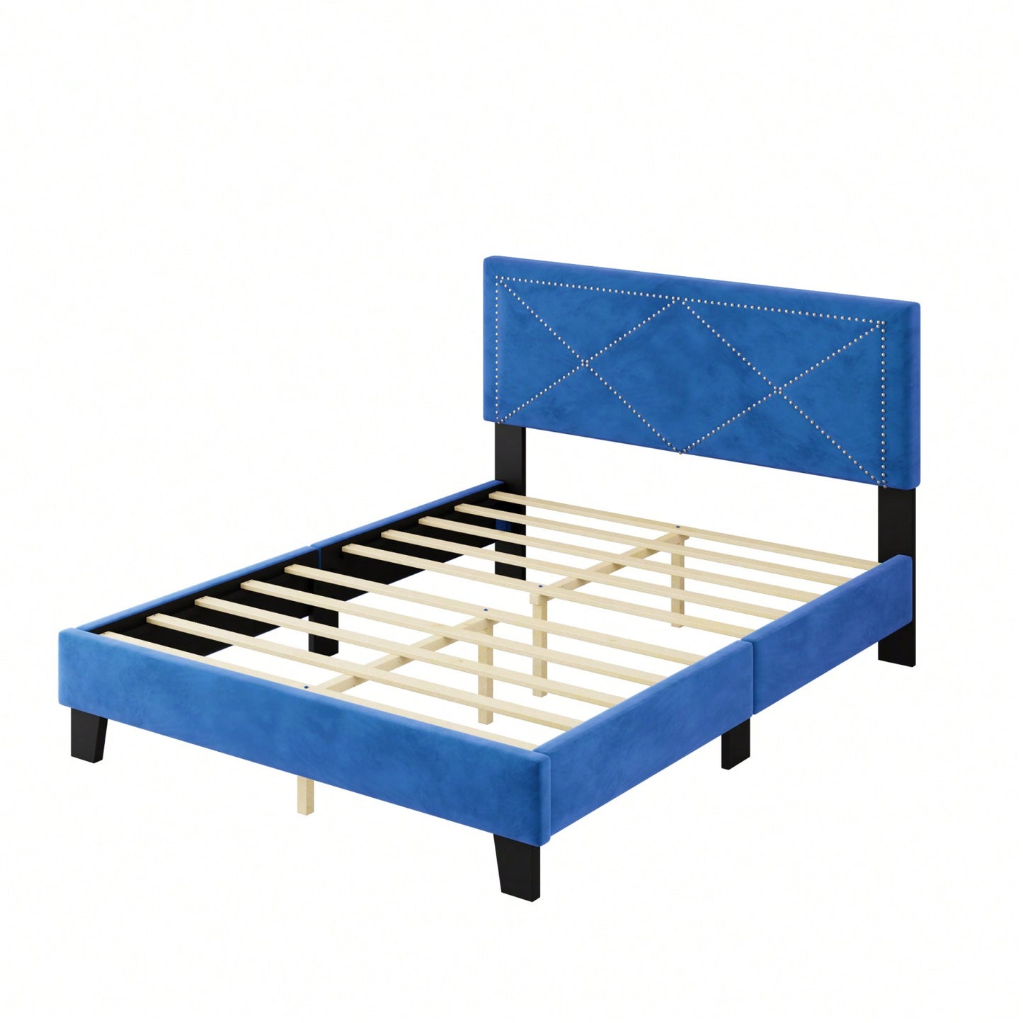 Queen Size Platform Bed Frame With Upholstered Velvet Headboard And Wooden Slat Support, No Box Spring Needed, Easy Assembly