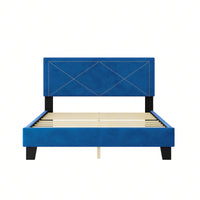 Queen Size Platform Bed Frame With Upholstered Velvet Headboard And Wooden Slat Support, No Box Spring Needed, Easy Assembly