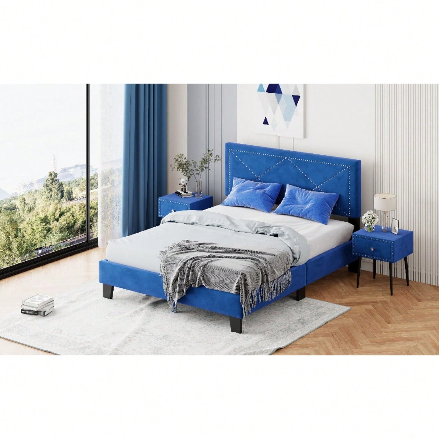 Queen Size Platform Bed Frame With Upholstered Velvet Headboard And Wooden Slat Support, No Box Spring Needed, Easy Assembly