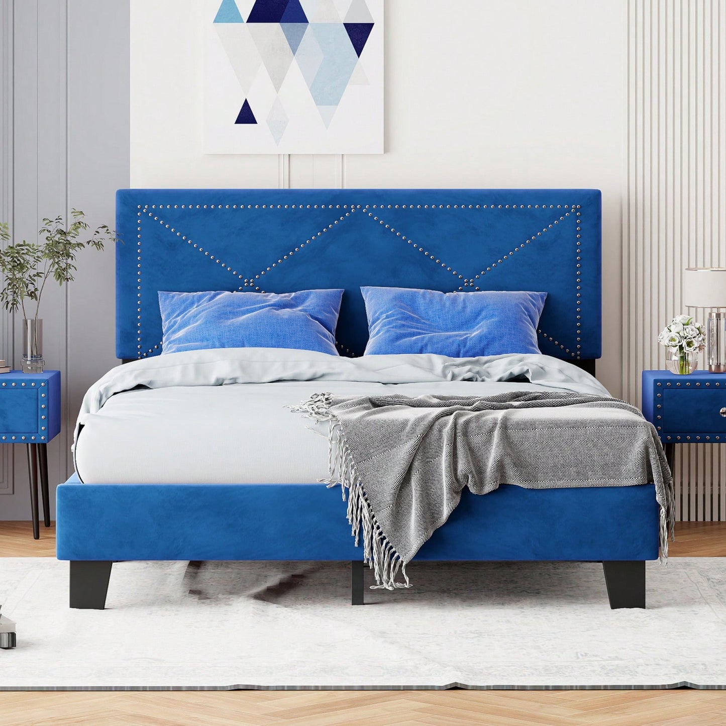 Queen Size Platform Bed Frame With Upholstered Velvet Headboard And Wooden Slat Support, No Box Spring Needed, Easy Assembly