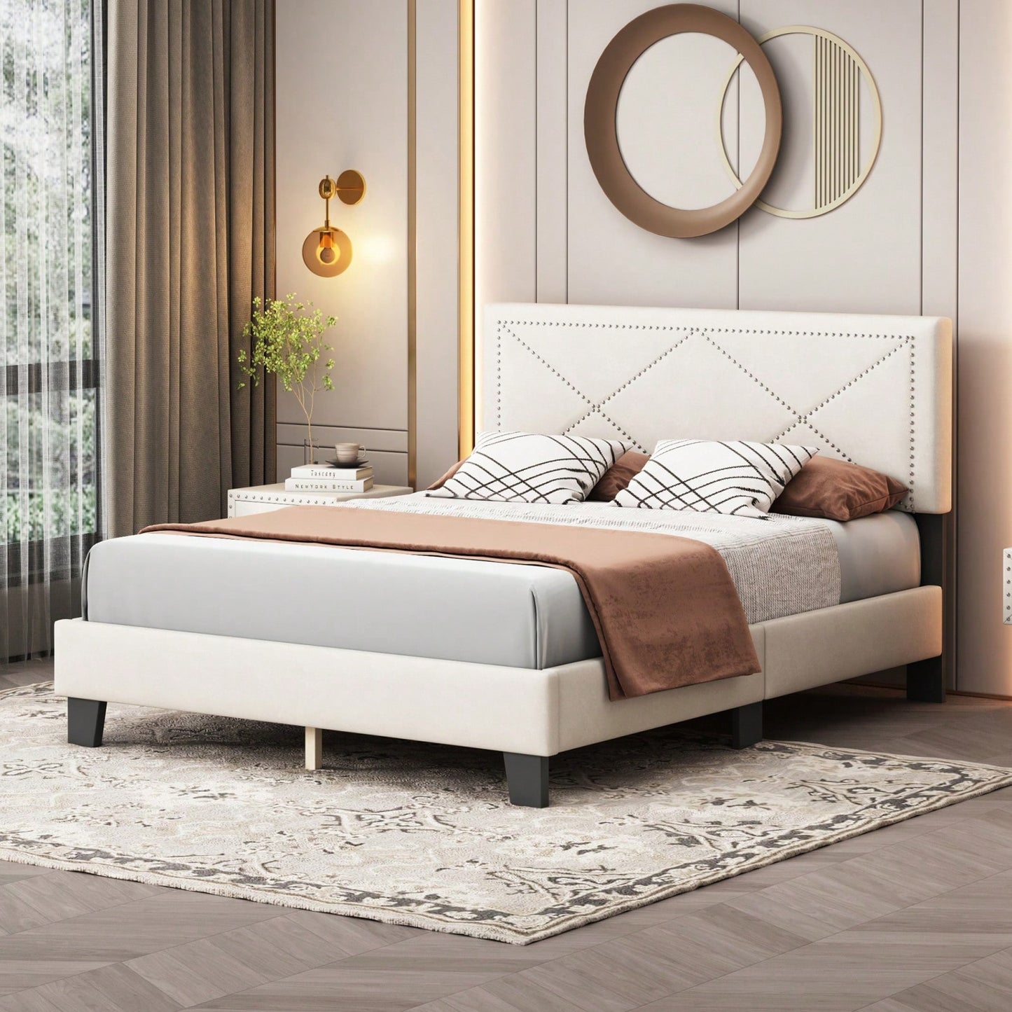 Queen Size Platform Bed Frame With Upholstered Velvet Headboard And Wooden Slat Support, No Box Spring Needed, Easy Assembly