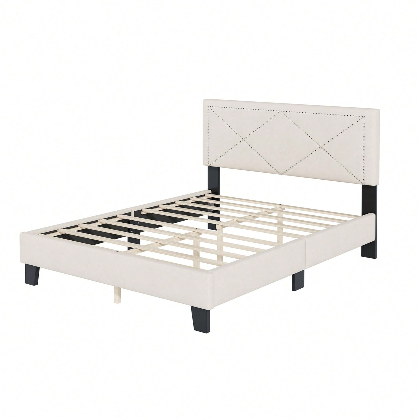 Queen Size Platform Bed Frame With Upholstered Velvet Headboard And Wooden Slat Support, No Box Spring Needed, Easy Assembly