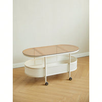 Movable Oval Coffee Table With Storage, Tempered Glass Top And Metal Frame, 35 Inch