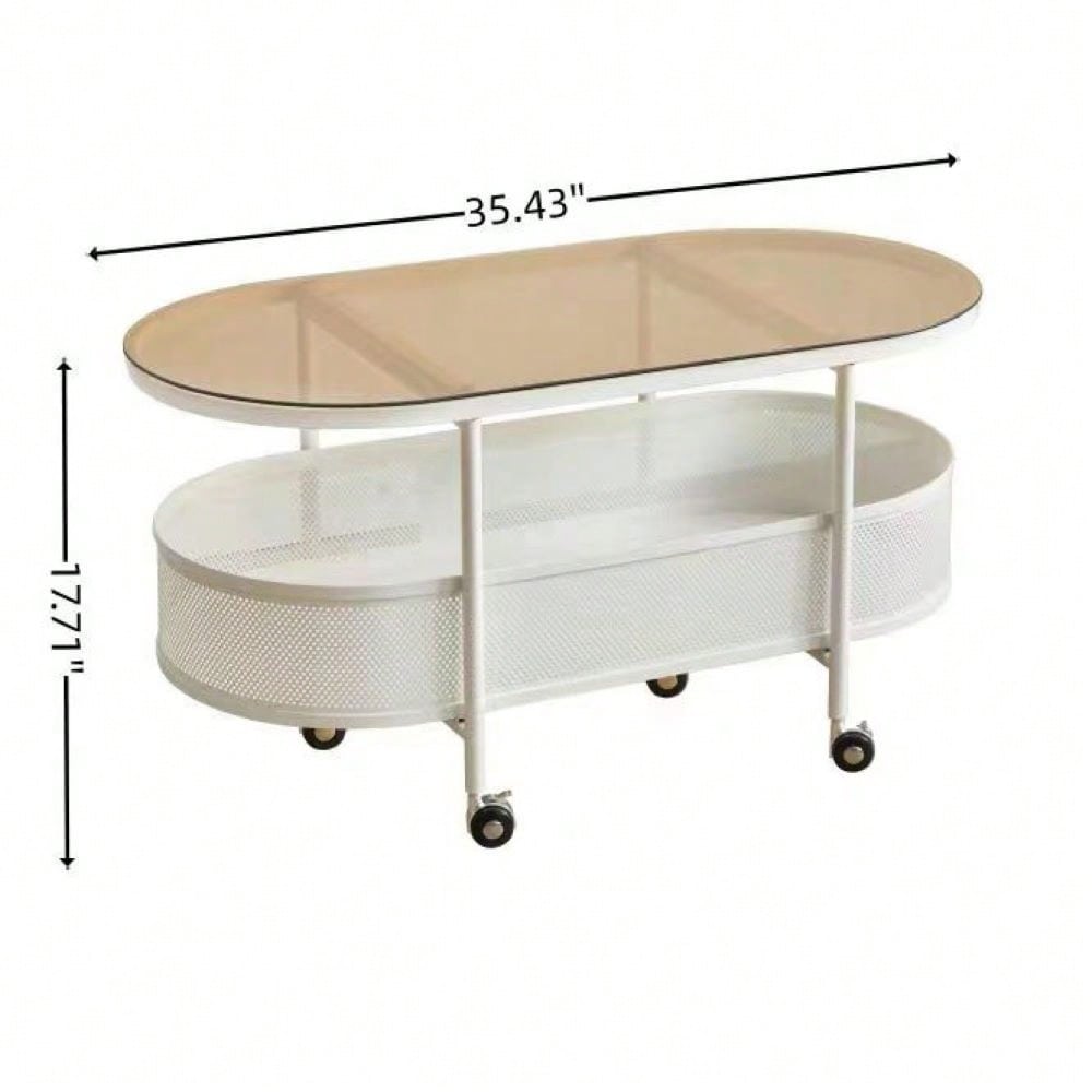 Movable Oval Coffee Table With Storage, Tempered Glass Top And Metal Frame, 35 Inch