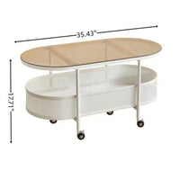 Movable Oval Coffee Table With Storage, Tempered Glass Top And Metal Frame, 35 Inch