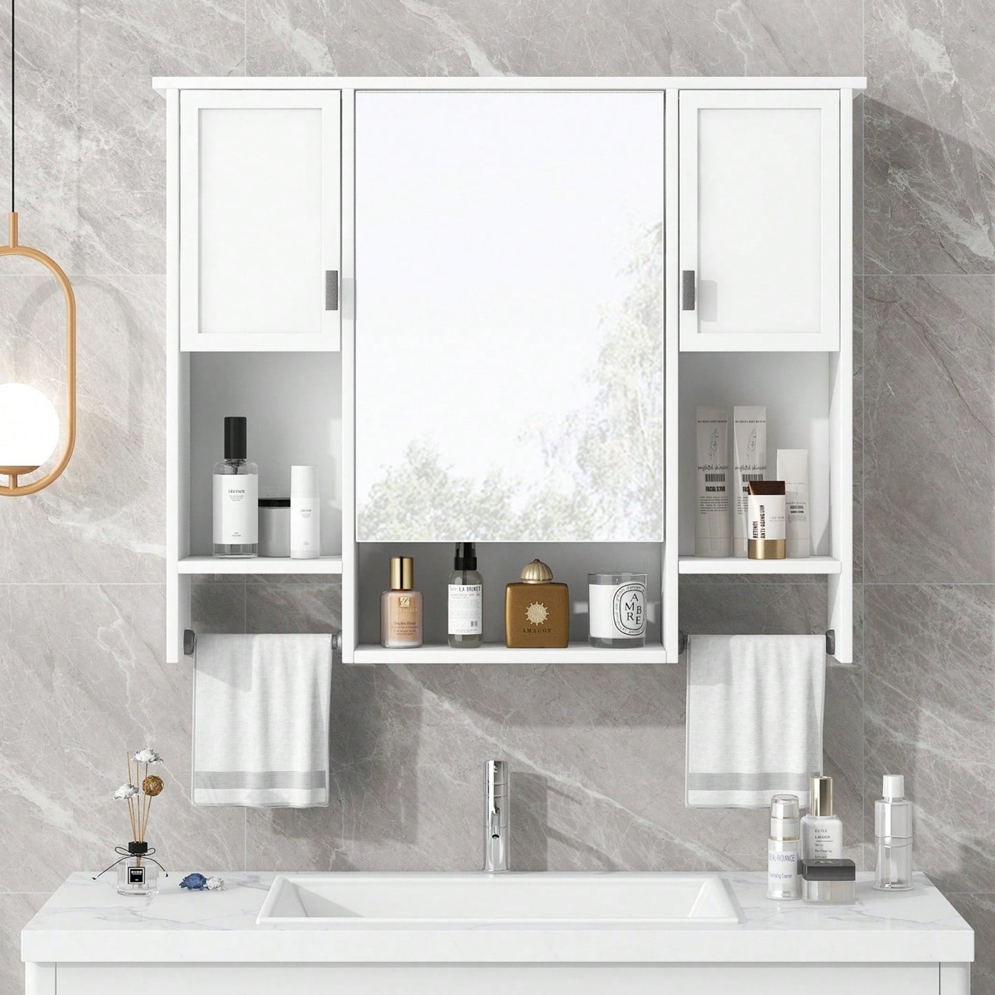 Modern Wall Mounted Bathroom Storage Cabinet, Bathroom Wall Cabinet With Mirror, Medicine Cabinet With Towels Bar