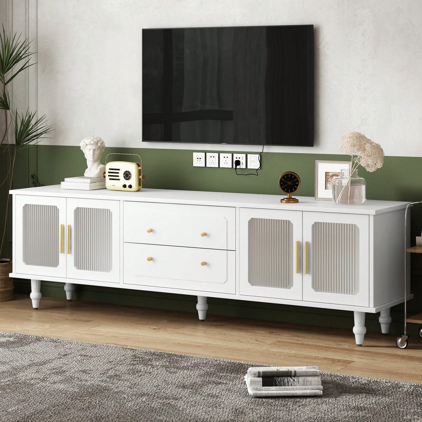 Fluted Glass Retro TV Stand for TVs Up to 78 Inch Media Console with Storage Drawers and Cabinets