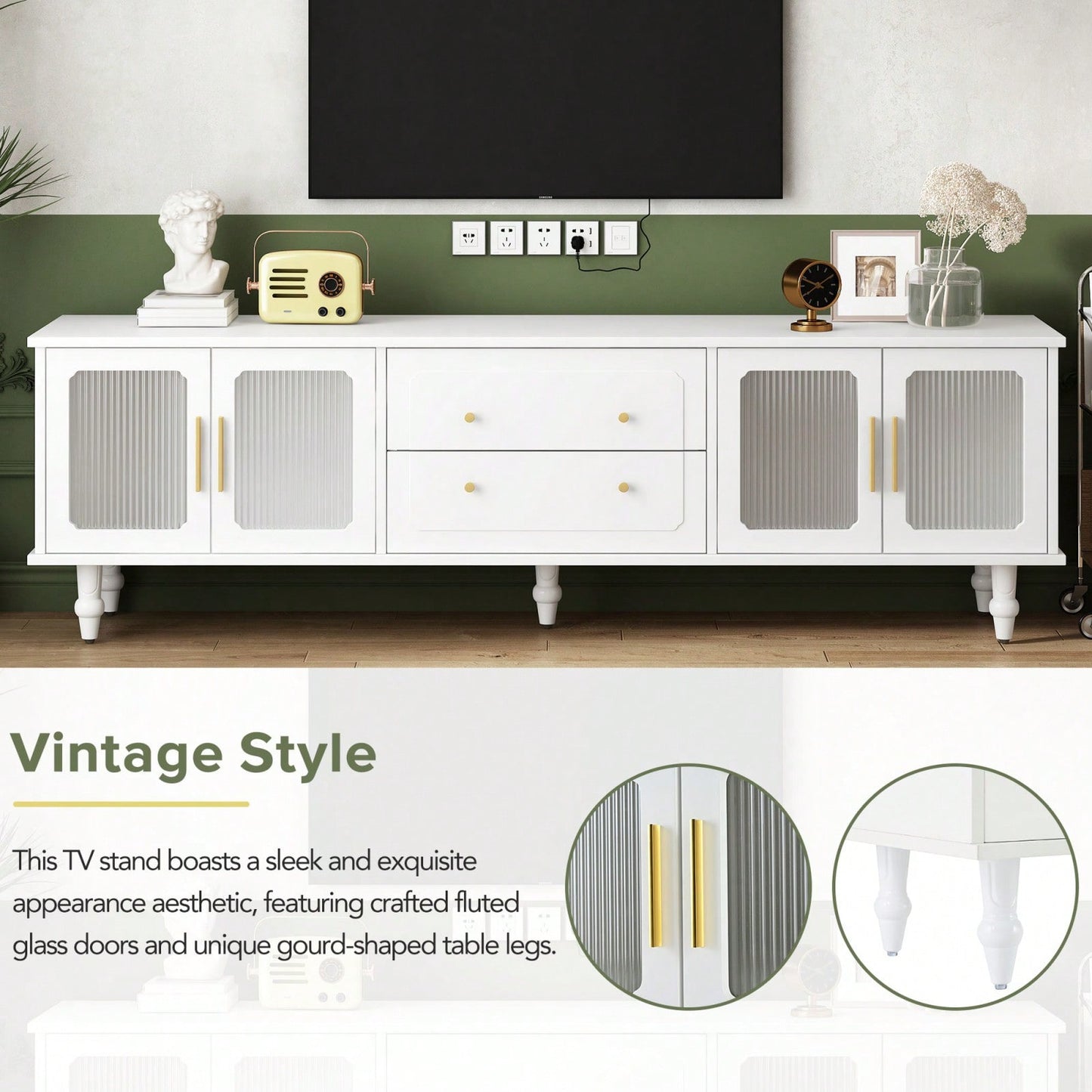 Fluted Glass Retro TV Stand for TVs Up to 78 Inch Media Console with Storage Drawers and Cabinets