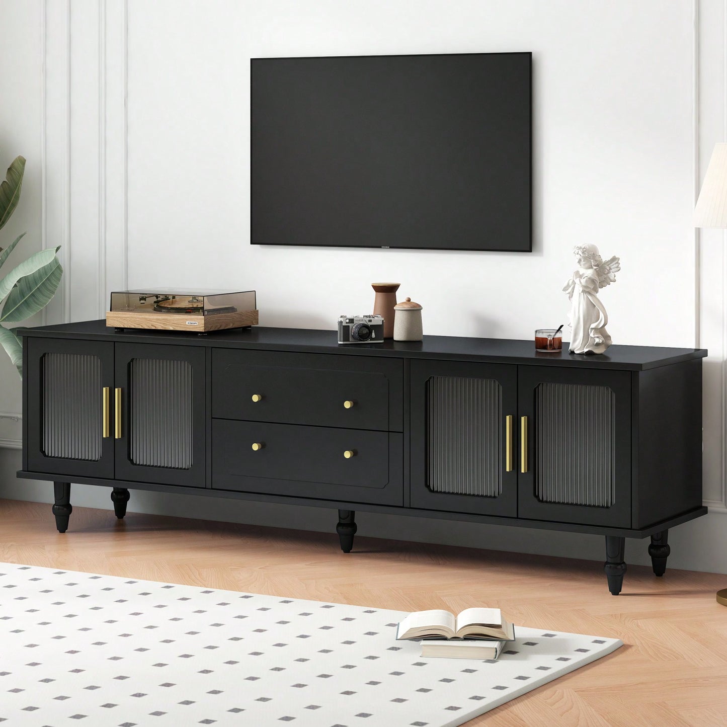 Fluted Glass Retro TV Stand for TVs Up to 78 Inch Media Console with Storage Drawers and Cabinets