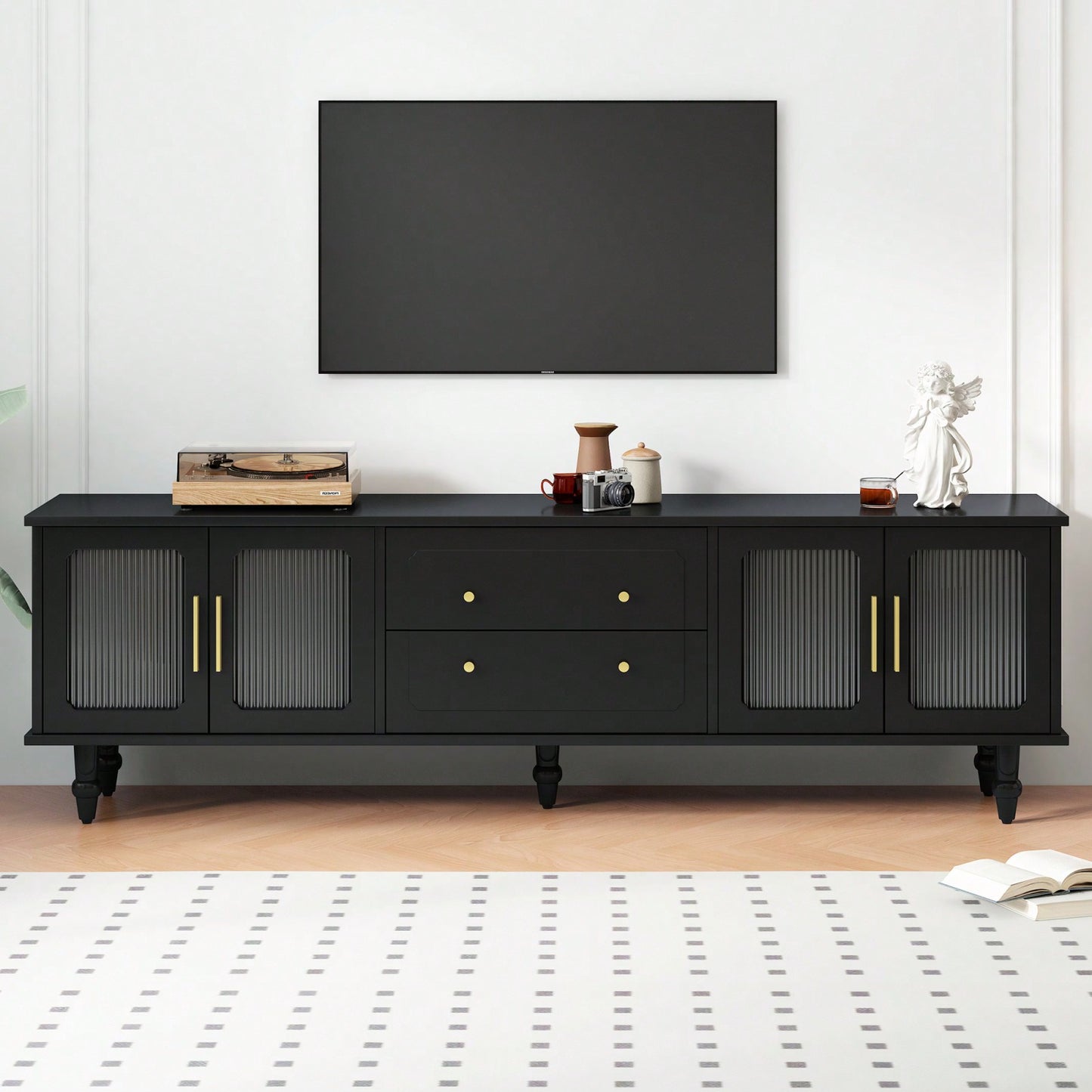 Fluted Glass Retro TV Stand for TVs Up to 78 Inch Media Console with Storage Drawers and Cabinets