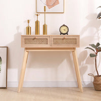 Rustic Nightstand With 2 Rattan Drawers, End Table With Solid Wood Legs And Storage, For Bedroom, Living Room, Entryway