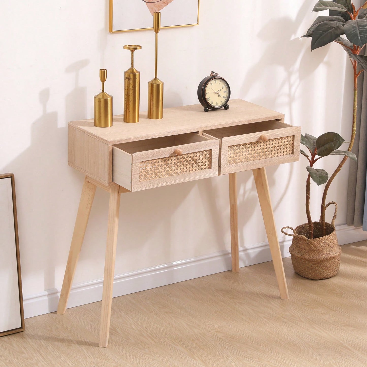 Rustic Nightstand With 2 Rattan Drawers, End Table With Solid Wood Legs And Storage, For Bedroom, Living Room, Entryway