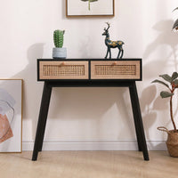 Rustic Nightstand With 2 Rattan Drawers, End Table With Solid Wood Legs And Storage, For Bedroom, Living Room, Entryway