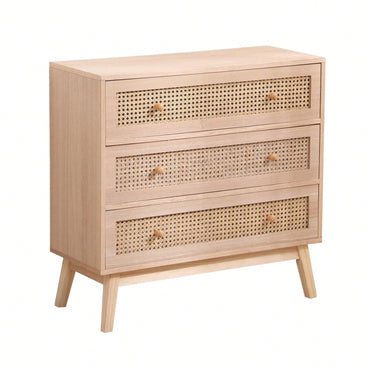 31.5 Inch Rattan Storage Cabinet with 3 Drawers Stylish Wood Accent Table for Bedroom Living Room Hallway