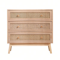 31.5 Inch Rattan Storage Cabinet with 3 Drawers Stylish Wood Accent Table for Bedroom Living Room Hallway