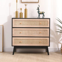 31.5 Inch Rattan Storage Cabinet with 3 Drawers Stylish Wood Accent Table for Bedroom Living Room Hallway