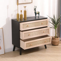 31.5 Inch Rattan Storage Cabinet with 3 Drawers Stylish Wood Accent Table for Bedroom Living Room Hallway