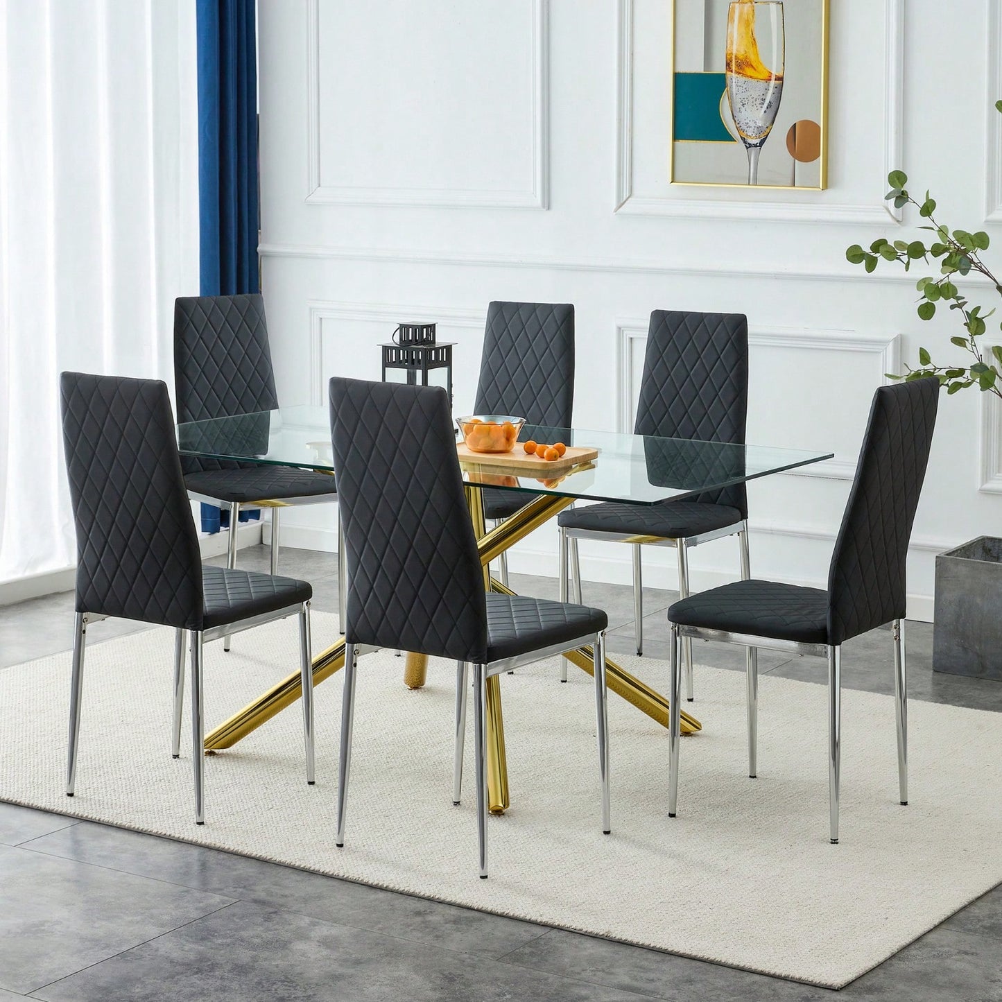 Set of 6 Modern High Back Armless Dining Chairs with Electroplated Metal Legs and PU Leather Seats for Home and Office