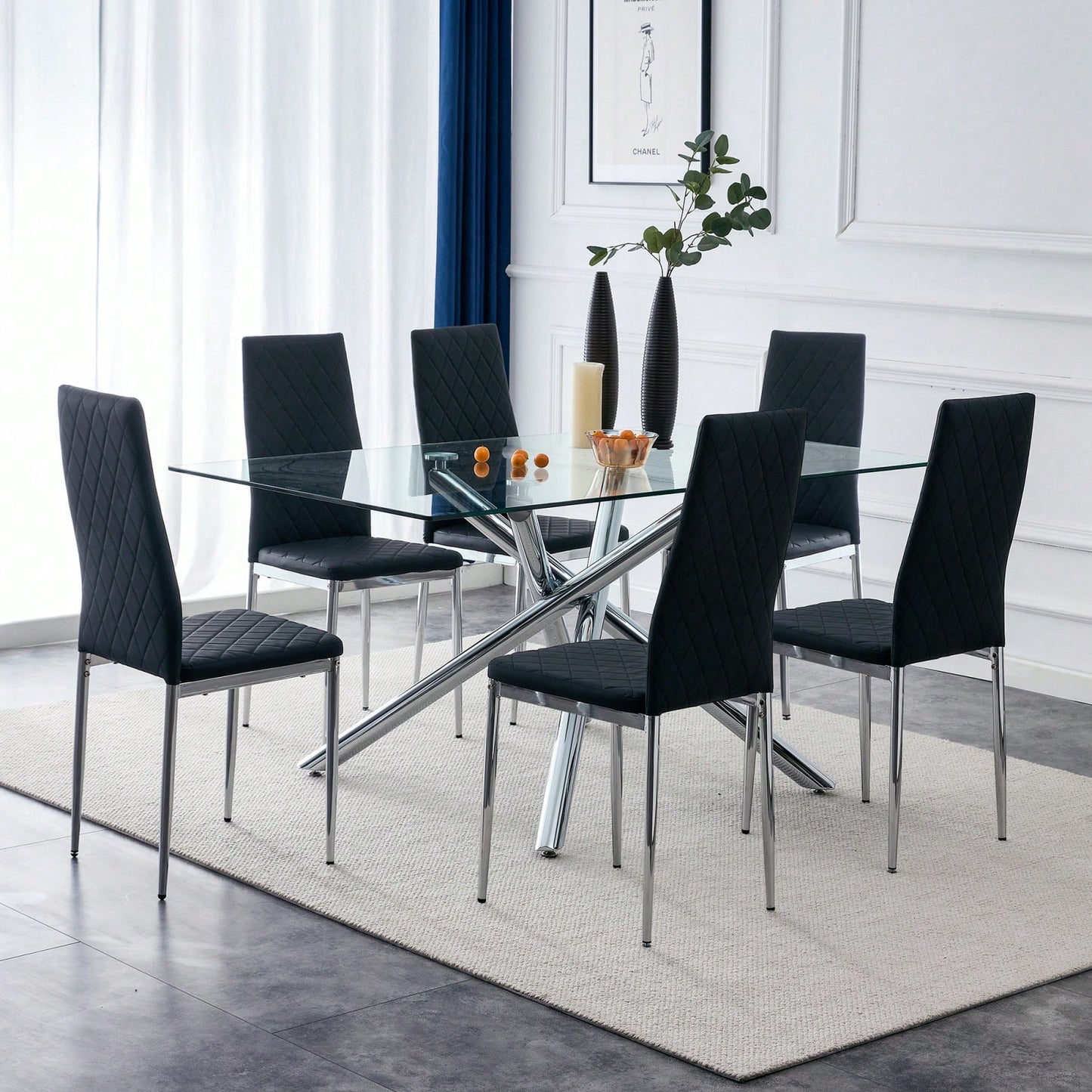 Set of 6 Modern High Back Armless Dining Chairs with Electroplated Metal Legs and PU Leather Seats for Home and Office