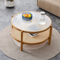 Modern Double-Layer Round Tea Table With Glass Top & Rattan Shelf, Small Side Table For Living Room, Dining Room & Bedroom, Easy Assembly