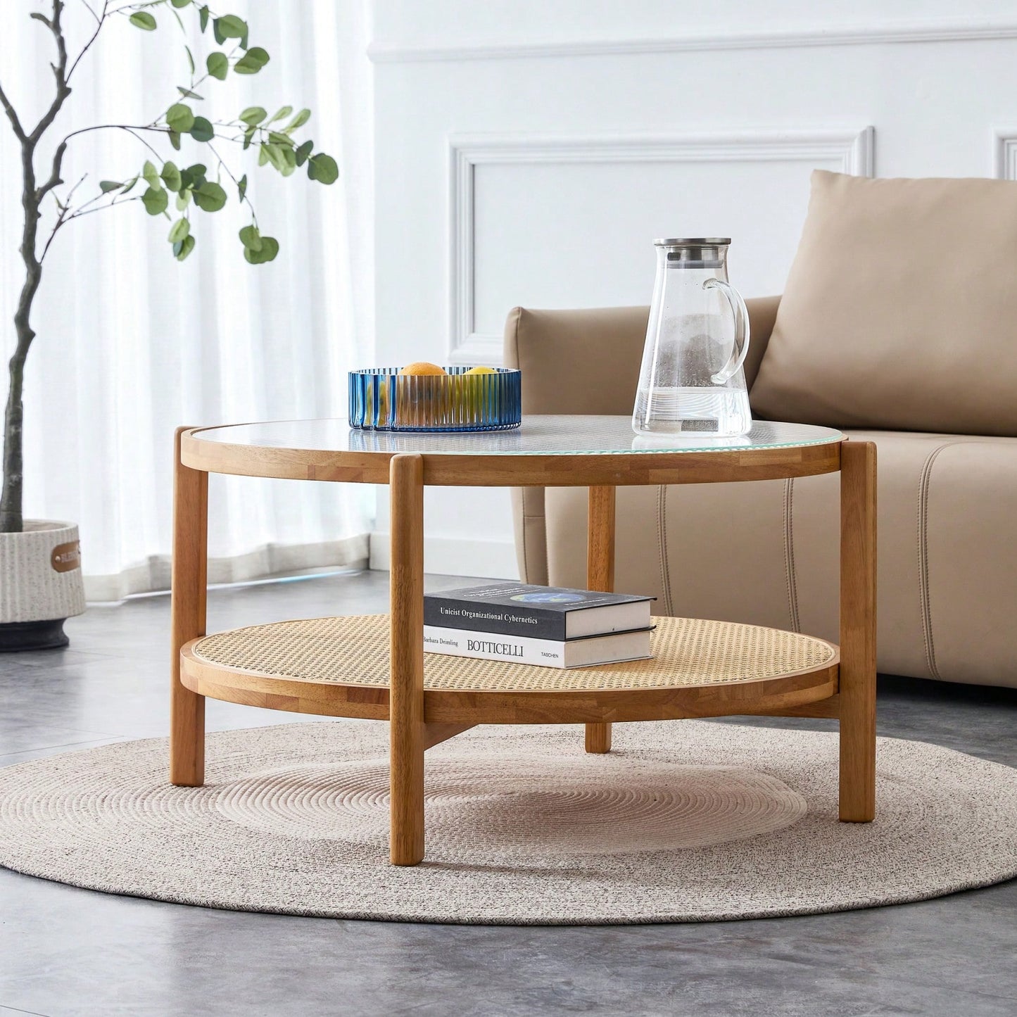 Modern Double-Layer Round Tea Table With Glass Top & Rattan Shelf, Small Side Table For Living Room, Dining Room & Bedroom, Easy Assembly