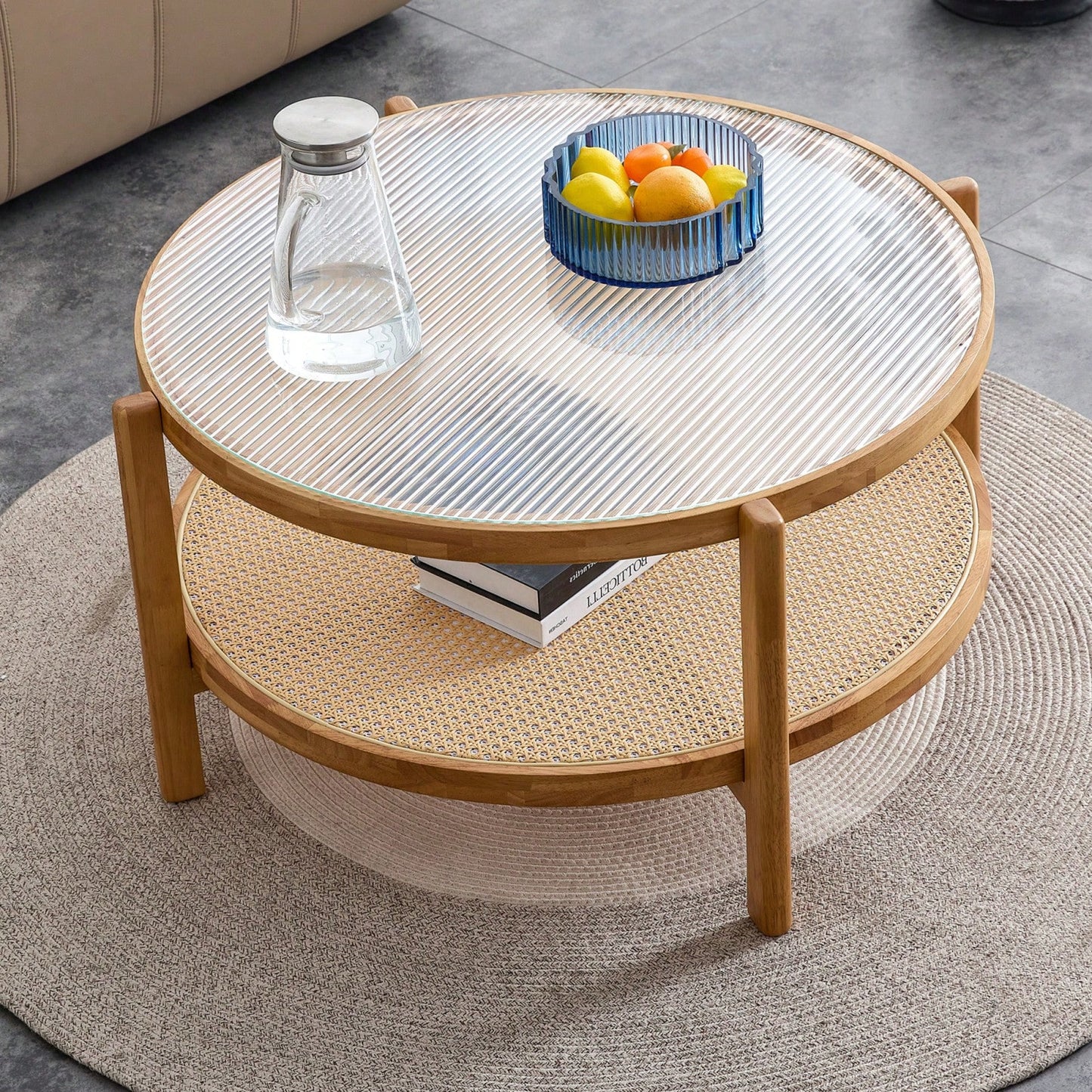 Modern Double-Layer Round Tea Table With Glass Top & Rattan Shelf, Small Side Table For Living Room, Dining Room & Bedroom, Easy Assembly