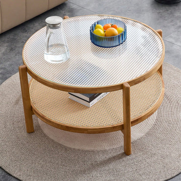 Modern Double-Layer Round Tea Table With Glass Top & Rattan Shelf, Small Side Table For Living Room, Dining Room & Bedroom, Easy Assembly