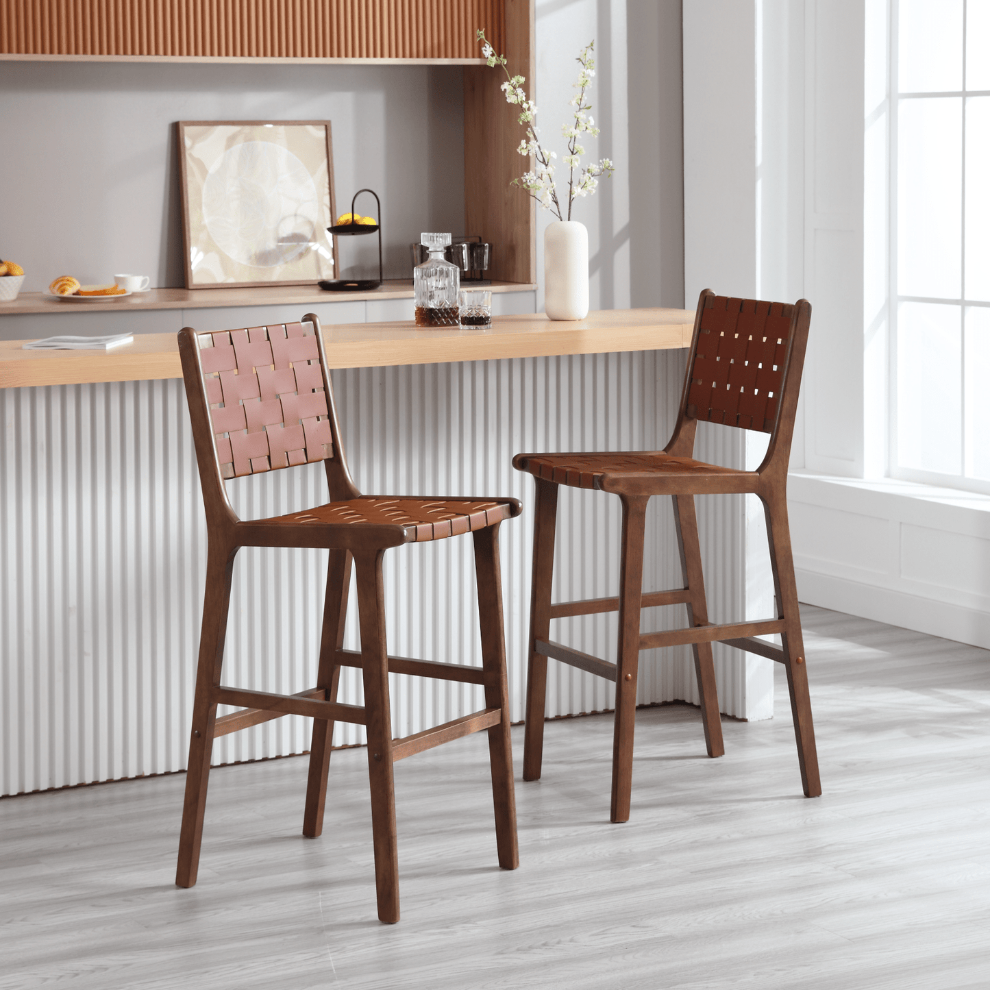 Woven Bar Chair With Solid Wood Legs, Suitable For Living Room, Kitchen And Other Leisure Areas