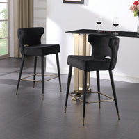 Contemporary Velvet Upholstered Counter Height Stool, Set Of 2, With Gold Tipped Legs For Kitchen Island, Bar 22 Inches