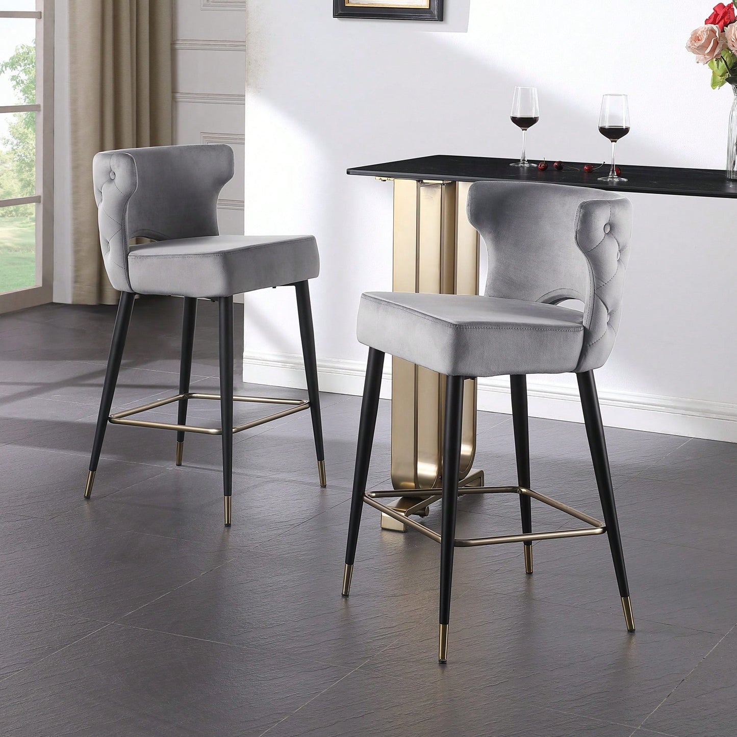 Contemporary Velvet Upholstered Counter Height Stool, Set Of 2, With Gold Tipped Legs For Kitchen Island, Bar 22 Inches