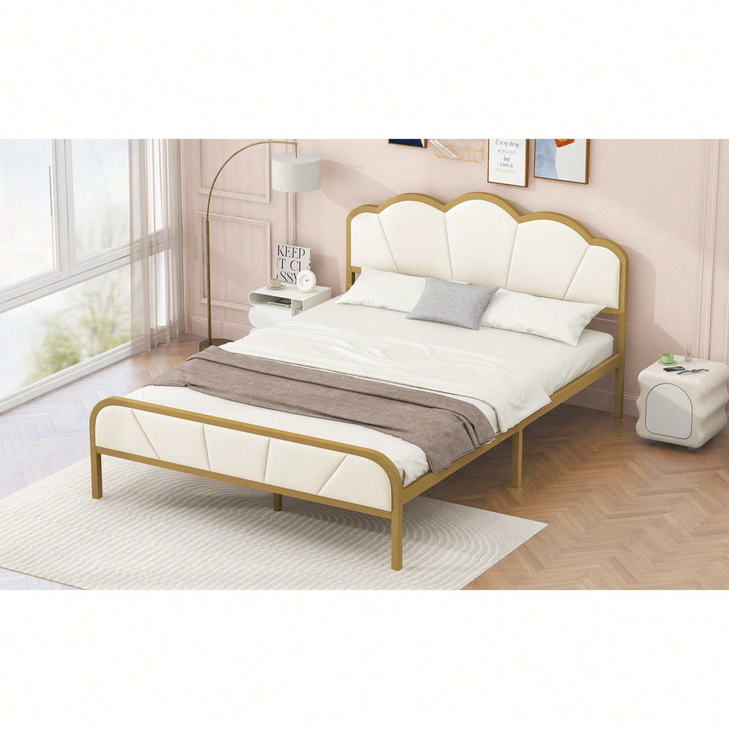 Upholstered Full Size Platform Bed Frame with Metal Support Headboard and Footboard No Box Spring Required Easy Assembly