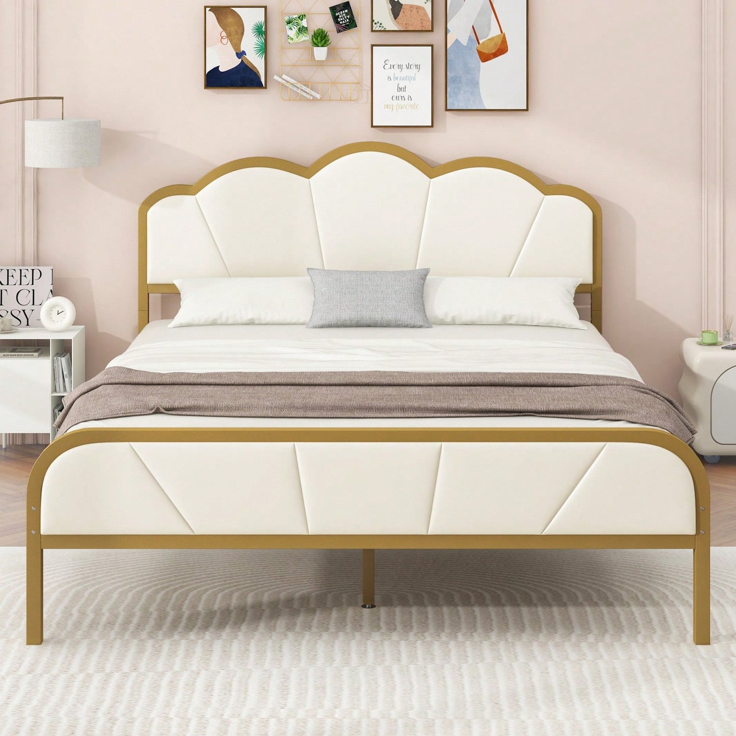 Upholstered Full Size Platform Bed Frame with Metal Support Headboard and Footboard No Box Spring Required Easy Assembly