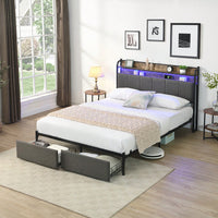 Queen Size Upholstered Platform Bed Frame with Storage Headboard LED Lights and Charging Station Easy Assembly