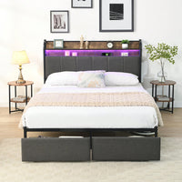 Queen Size Upholstered Platform Bed Frame with Storage Headboard LED Lights and Charging Station Easy Assembly