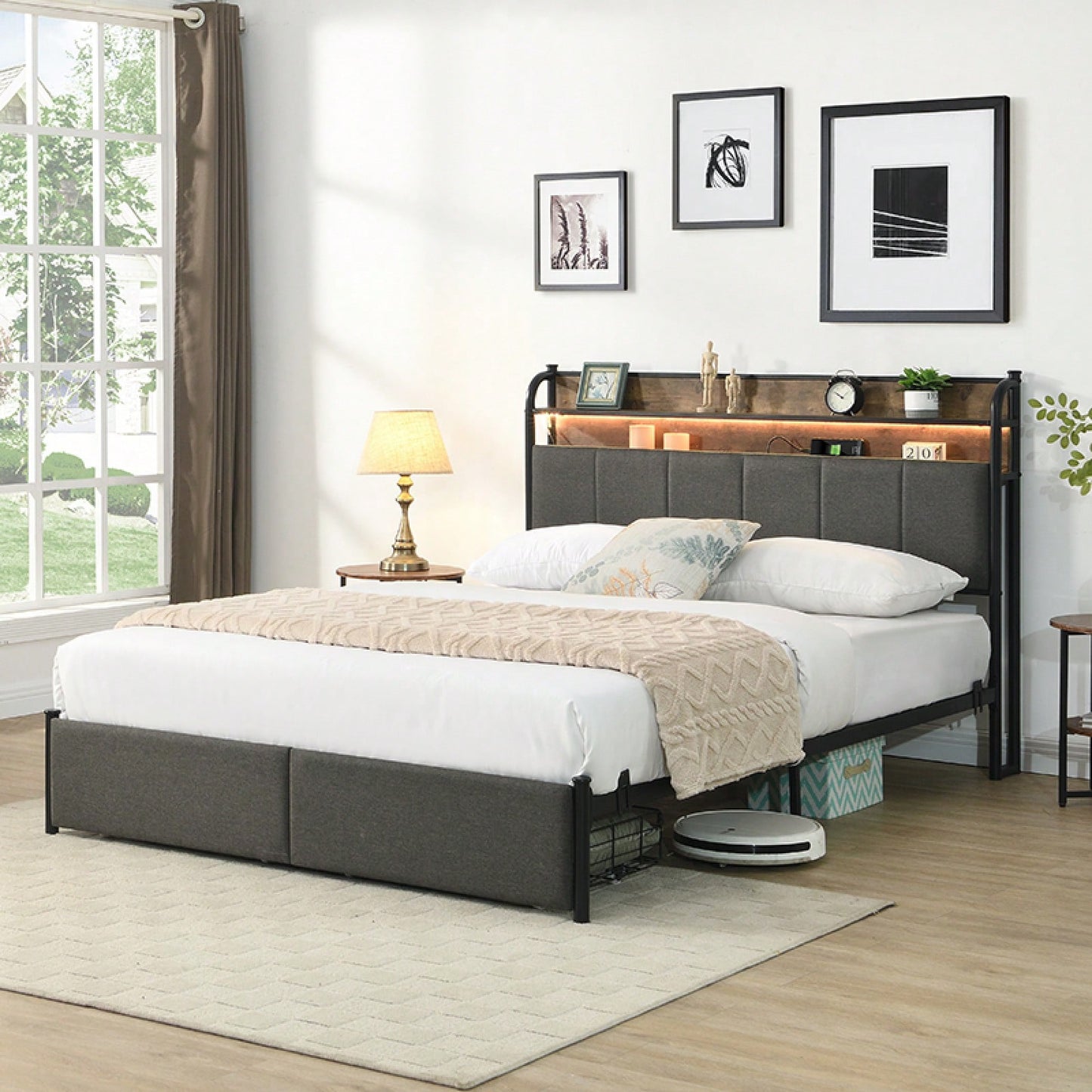 Queen Size Upholstered Platform Bed Frame with Storage Headboard LED Lights and Charging Station Easy Assembly