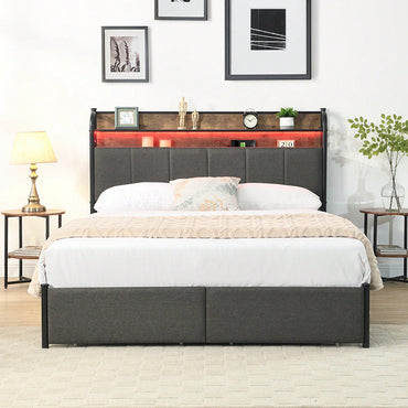 Queen Size Upholstered Platform Bed Frame with Storage Headboard LED Lights and Charging Station Easy Assembly