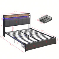 Queen Size Upholstered Platform Bed Frame with Storage Headboard LED Lights and Charging Station Easy Assembly