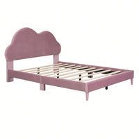 Velvet Upholstered Full Size Platform Bed with Cloud Headboard Sturdy Wood Slats Easy Assembly No Box Spring Required