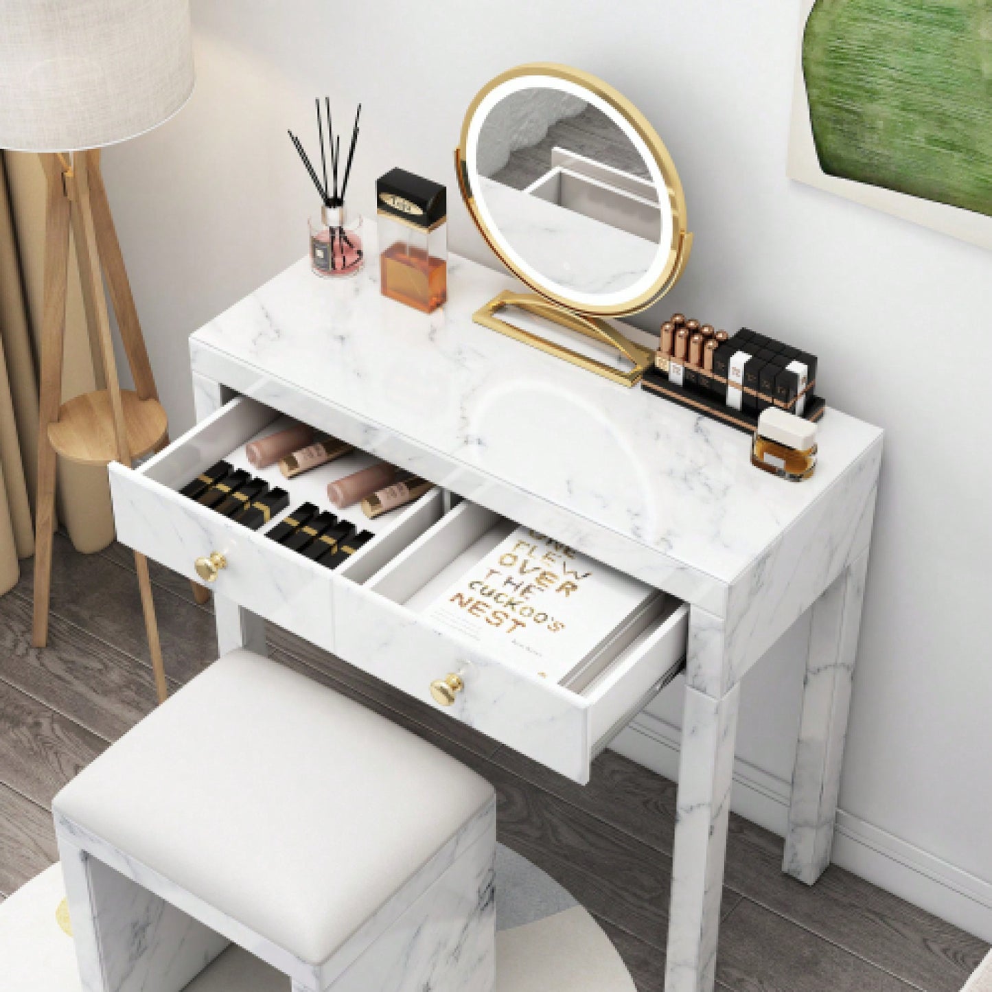 Luxury Marble Makeup Vanity Table with Gold Handles and 2 Drawers 30 Inch Adjustable Footnails for Bedroom Living Room