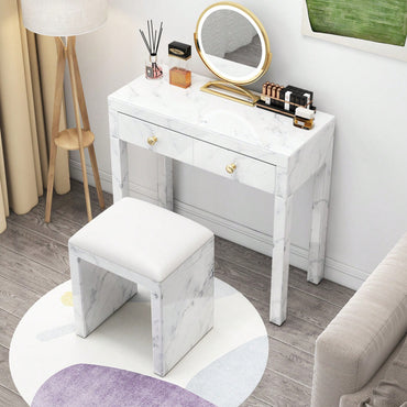 Luxury Marble Makeup Vanity Table with Gold Handles and 2 Drawers 30 Inch Adjustable Footnails for Bedroom Living Room