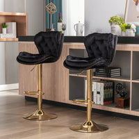 Set Of 2 Velvet Bar Stools - Adjustable Height Swivel Counter Stools With Chrome Footrest & Golden Base