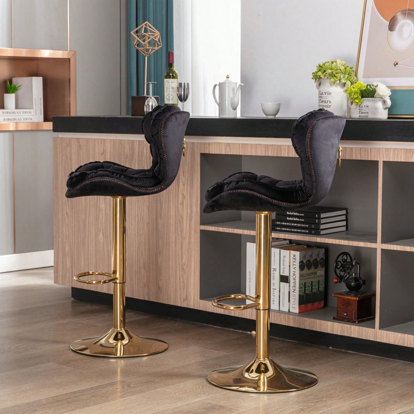 Set Of 2 Velvet Bar Stools - Adjustable Height Swivel Counter Stools With Chrome Footrest & Golden Base