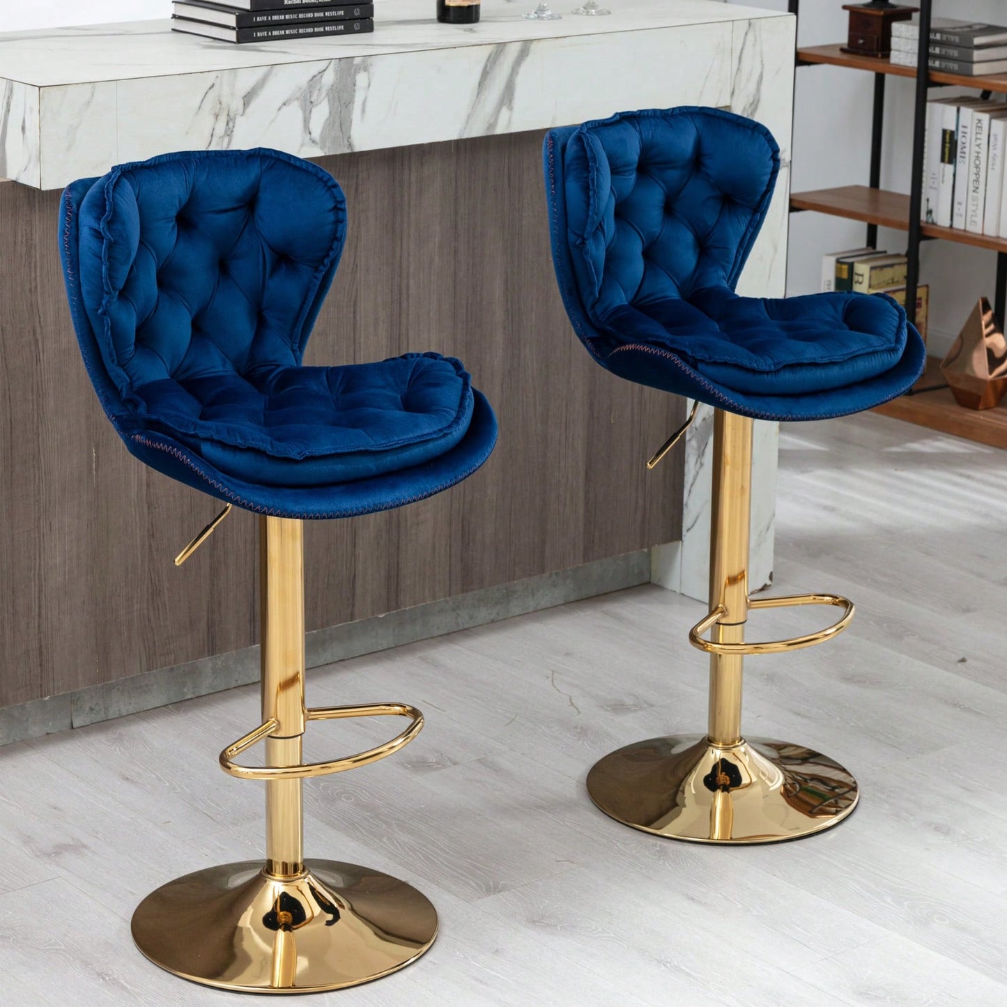 Set Of 2 Velvet Bar Stools - Adjustable Height Swivel Counter Stools With Chrome Footrest & Golden Base