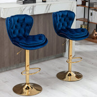 Set Of 2 Velvet Bar Stools - Adjustable Height Swivel Counter Stools With Chrome Footrest & Golden Base