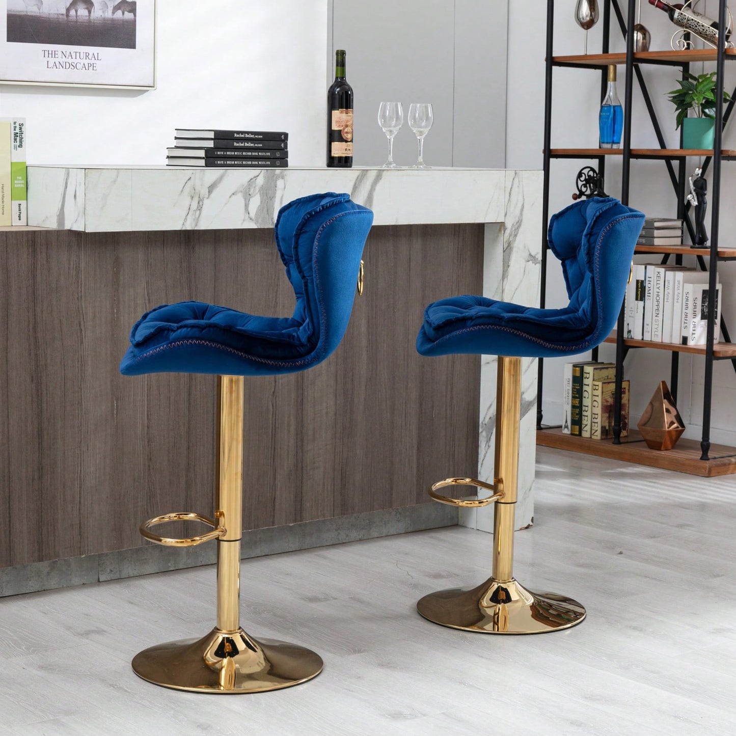 Set Of 2 Velvet Bar Stools - Adjustable Height Swivel Counter Stools With Chrome Footrest & Golden Base